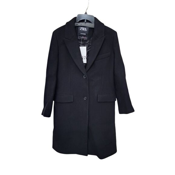 NEW ZARA MANTECO Wool Coat Women's Small Black Single Breasted Knee Length Italy - Picture 1 of 8